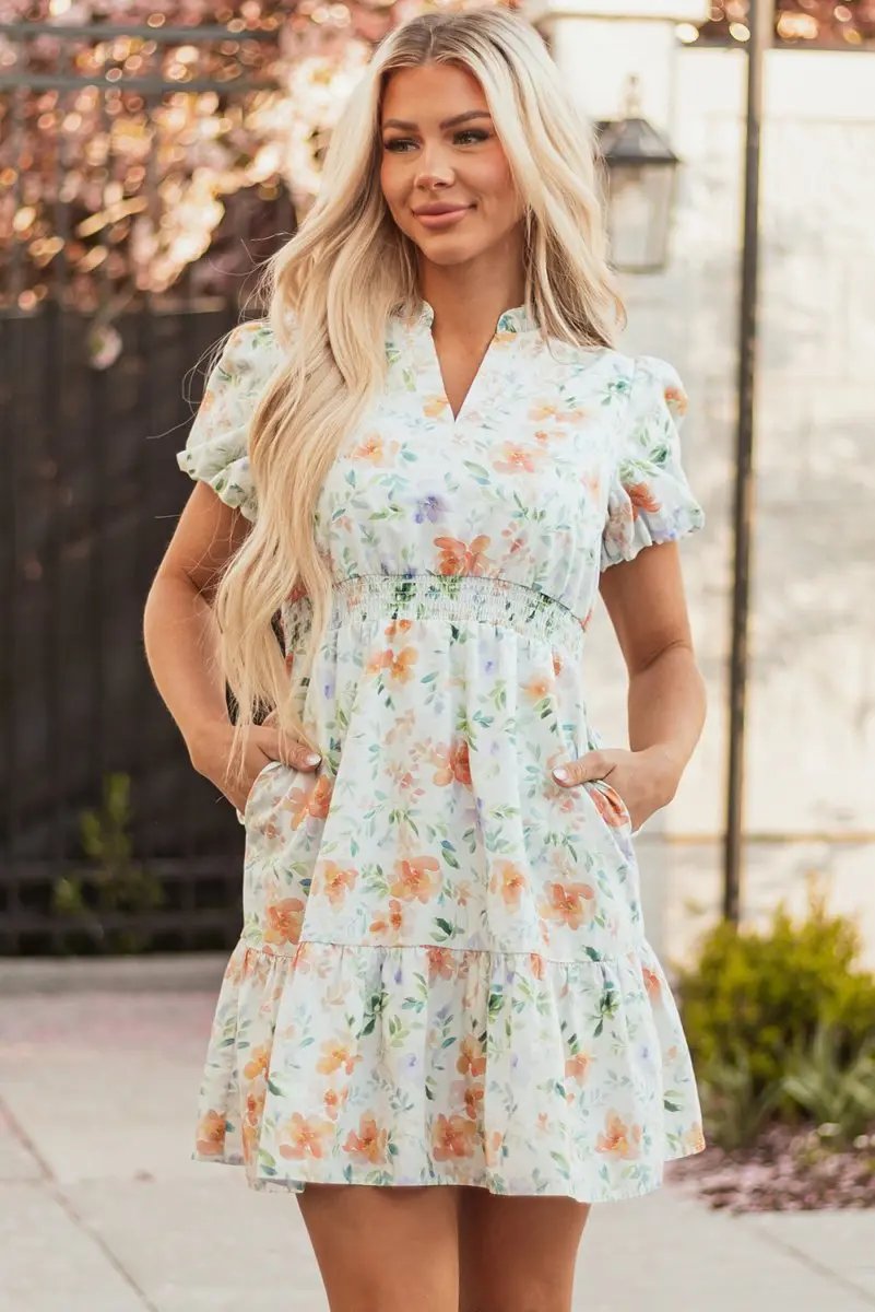 Beige Floral Print Shirred High Waist Puff Sleeve Mini Dress - Love Salve